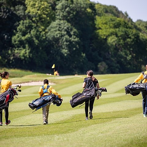 four golf players on the golf course from behind carrying their heavy golf bags