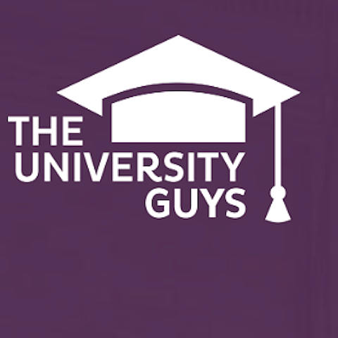 The logo for The University Guys, featuring a white graduation cap graphic above the company name on a purple background.