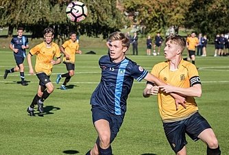 two footballer in blue and yellow fight for the ball