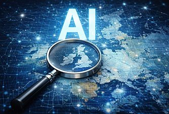 Magnifying glass over digital world map with AI text symbolising artificial intelligence