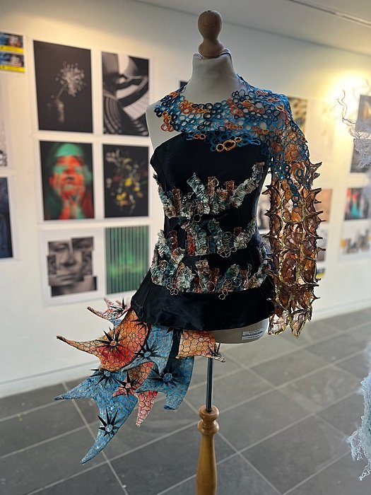 Pupil-designed ornate dress, on a manequin, with posters in the background