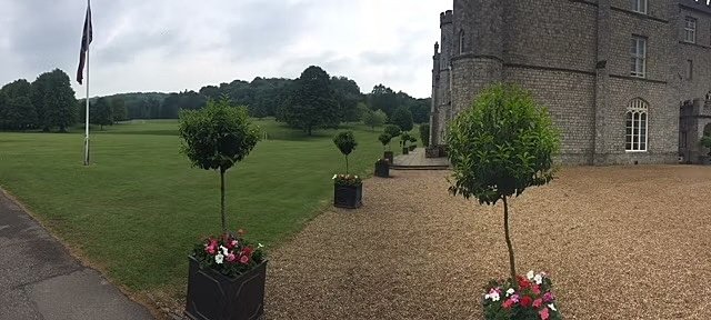 Corner of Wycombe Abbey's main building, gras and gravel