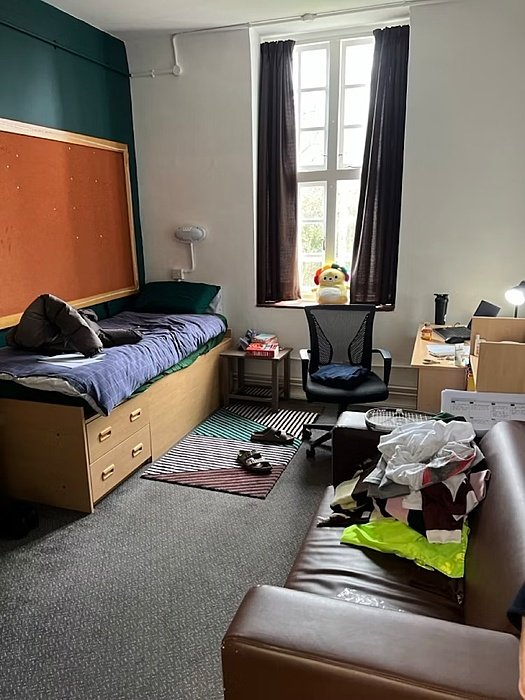 Single room with bed, sofa, chair and desk