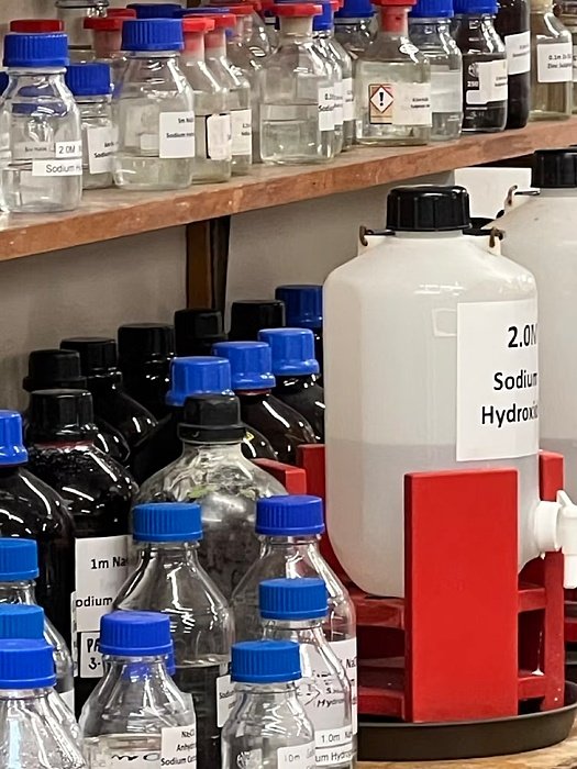 shelves with bottles at the chemistry lab