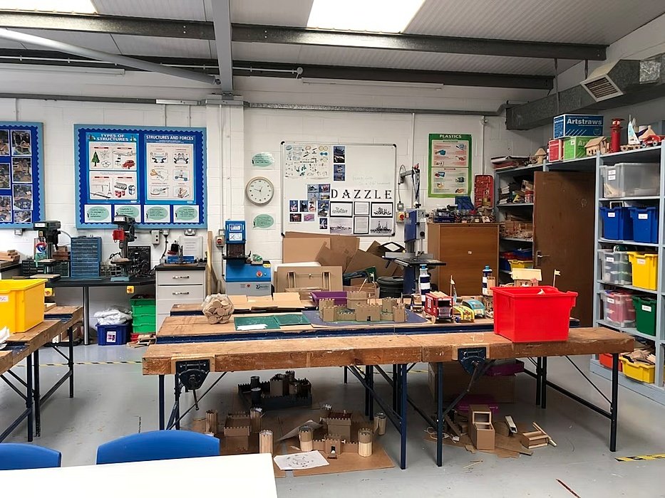 the design technology department with a lot of cardboard projects