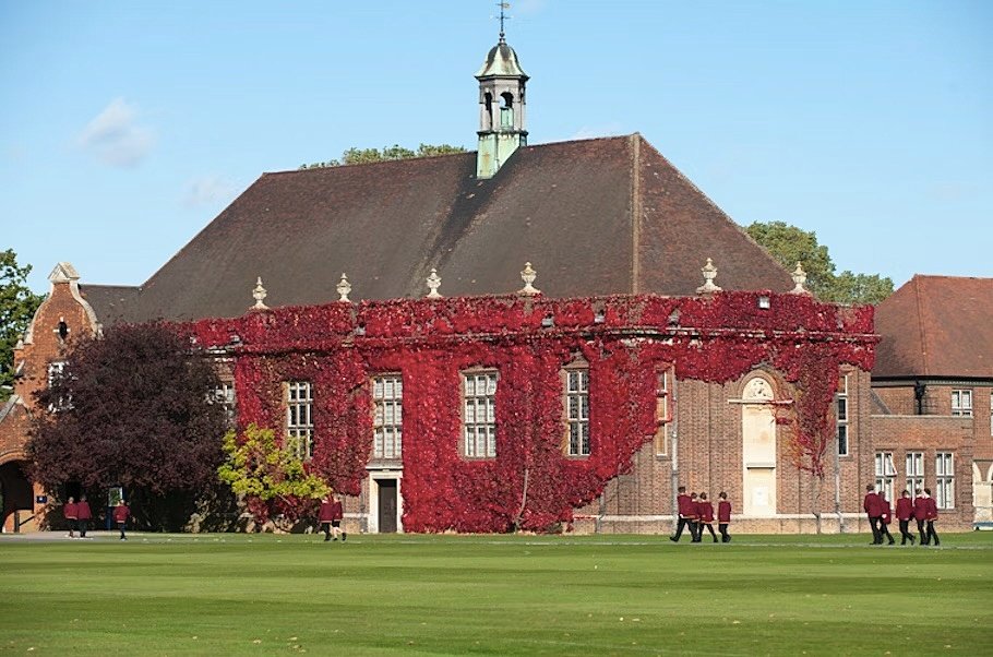 red ivy covered meeting hall
