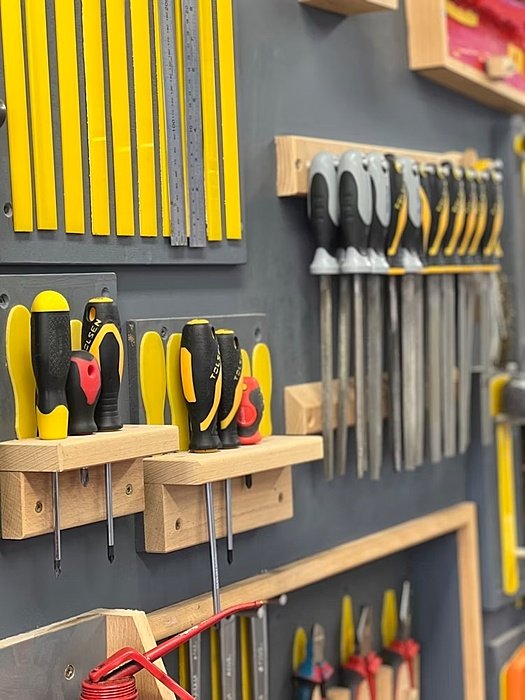 a very tidy tools rack in the DT workshop