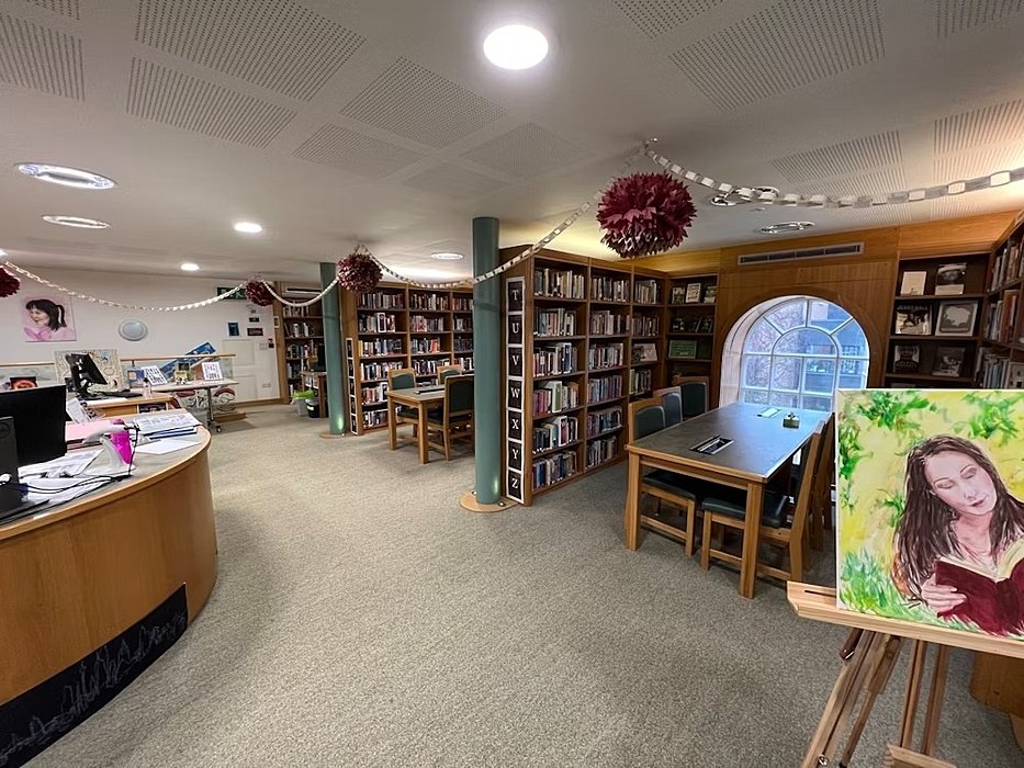 A library with reception area