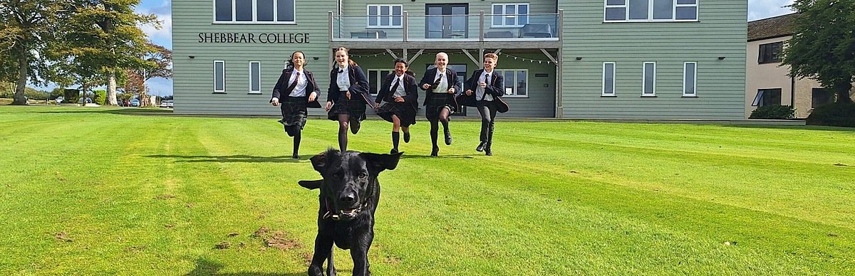 Five children in school uniform running behind a black dog, having fun