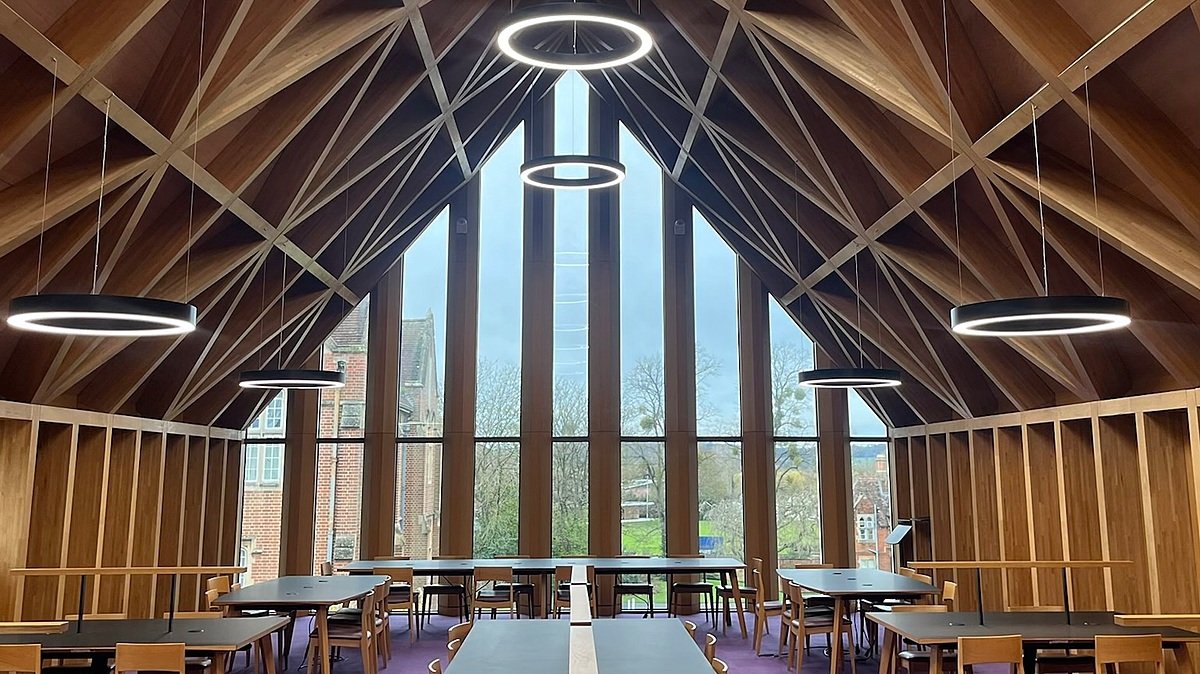 St Edward's library wooden ceiling and window overlooking grounds