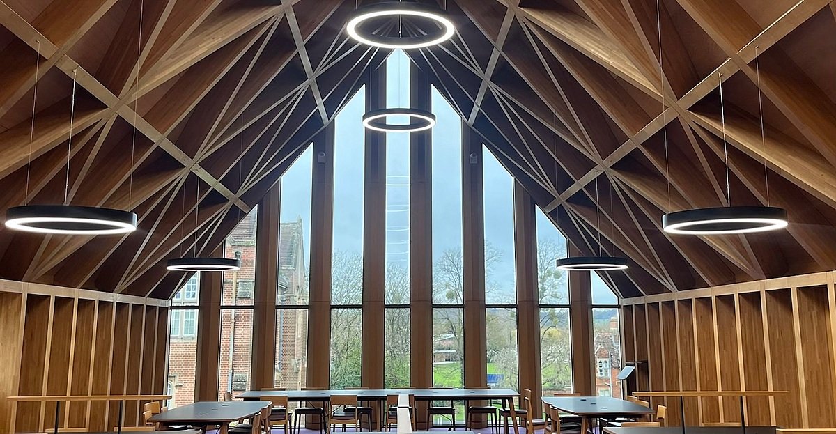 St Edward's library wooden ceiling and window overlooking grounds