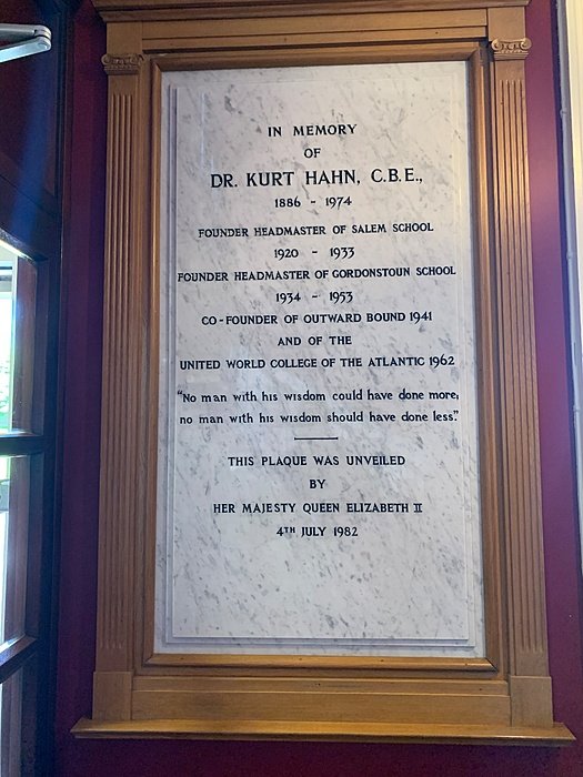 Memorial plaque to Kurt Hahn. Founder, history, education, Gordonstoun.