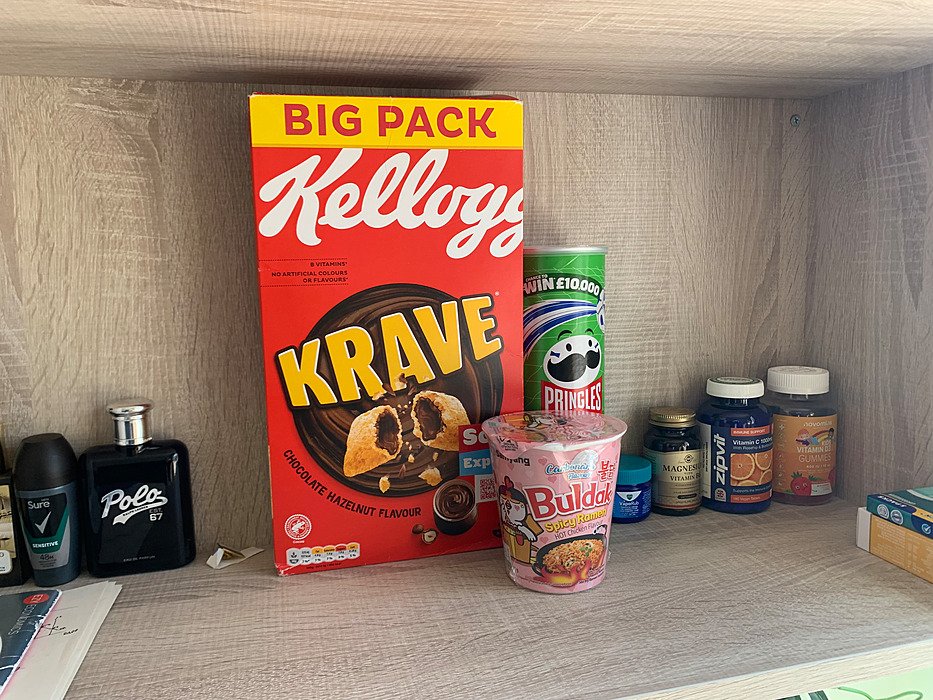 Boarding house breakfast shelf with Kellogg’s Krave and snacks. Food, boarding, kitchen, student life.