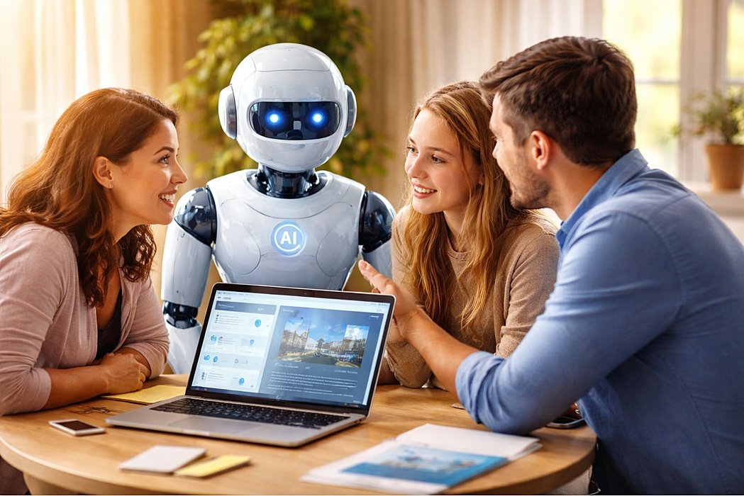 Family using laptop interacting with humanoid AI robot at table