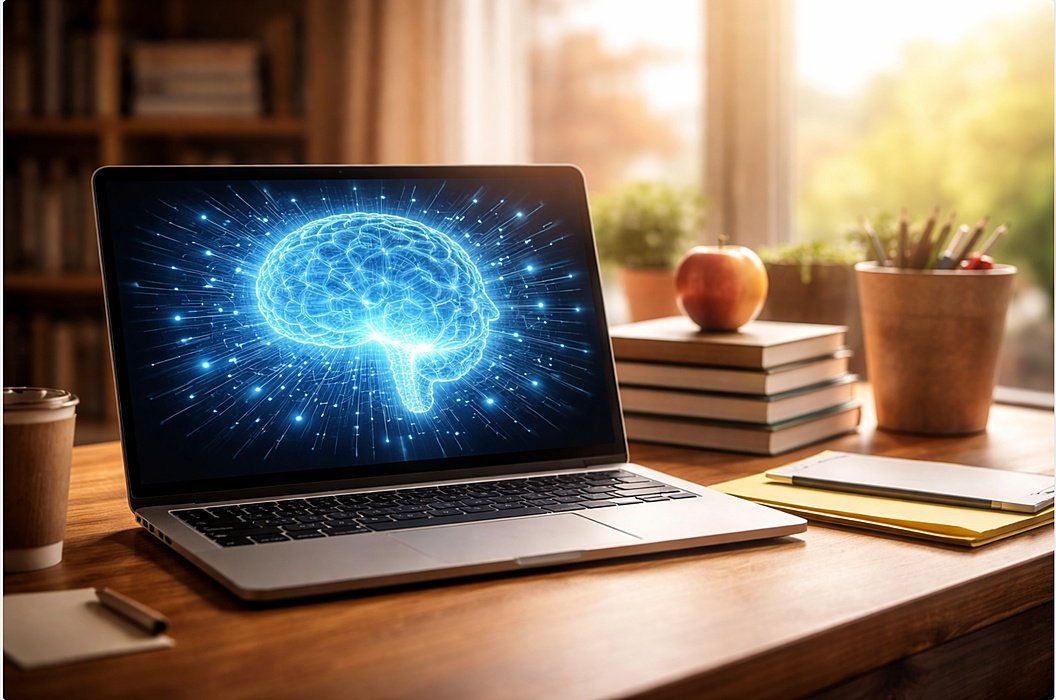 Laptop displaying digital brain on desk next to books and study materials