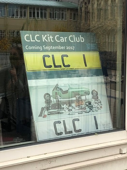Sign in window saying "CLC Kit Car Club coming September 2017", shows dissambled car