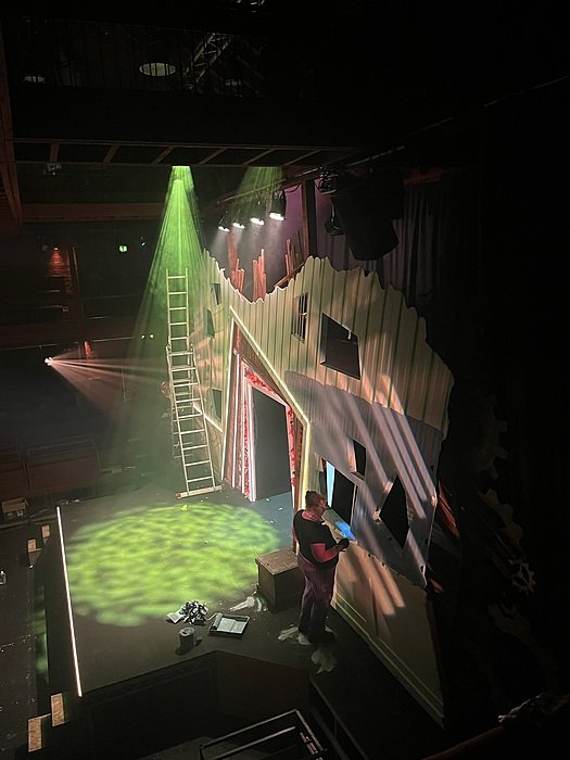 Stage at The North Wall, St Edward’s Oxford, with lighting setup in rehearsal.