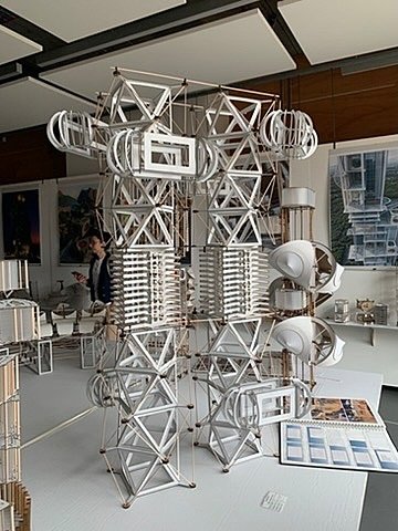 Architectural sculpture made of metal grids and geometric forms