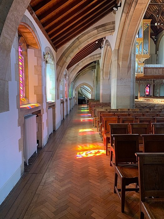 Historic school chapel with pews at British boarding school