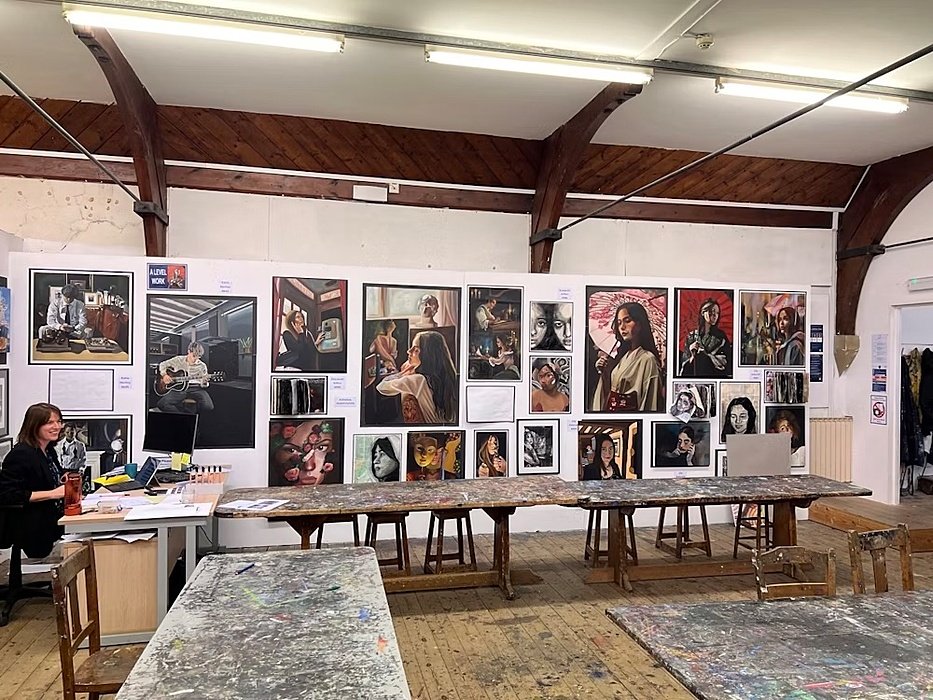 Art pieces on a large display at at Sutton Valence School