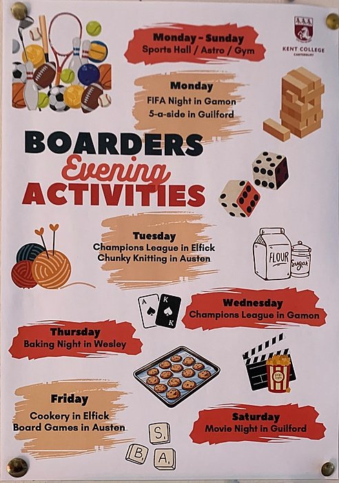 Poster with advertisment for activities in the boarding houses