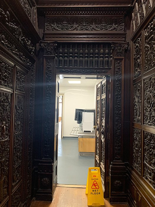 Dark corridor with carved wooden panels leading into bright interior space