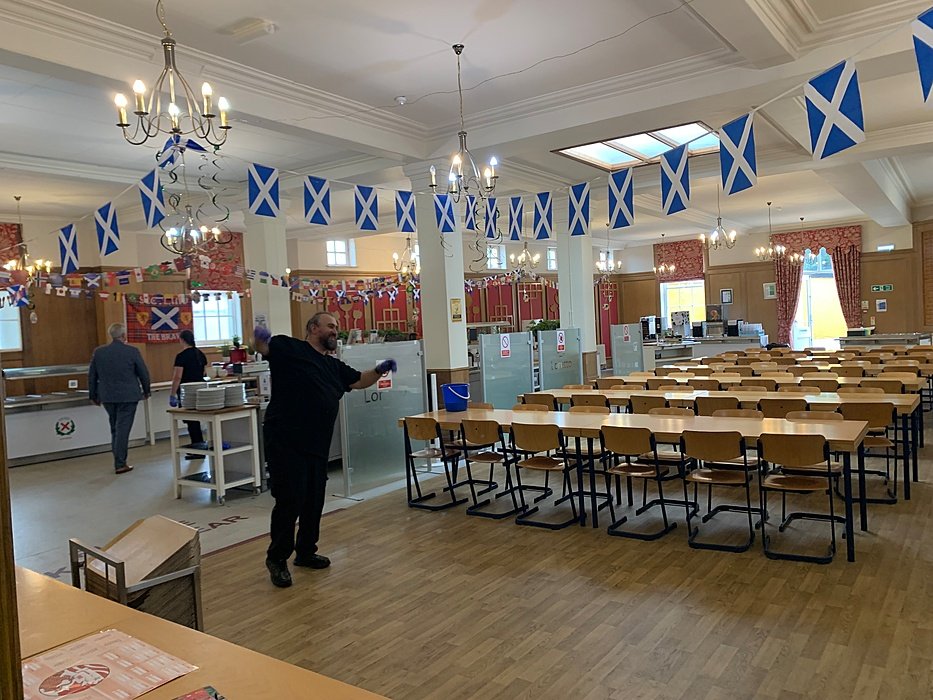 Dining hall decorated with Scottish flags.
