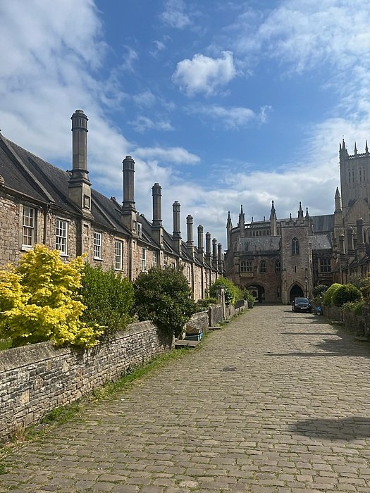 A cobblestone street lined with historic stone houses and tall chimneys leading towards a large cathedral entrance under a blue sky.
