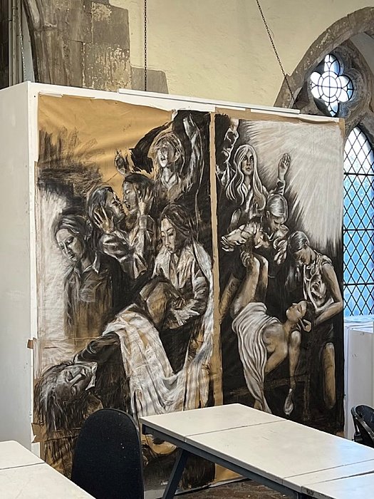A giant artwork with chalk on paper in the art department at King's School Canterbury