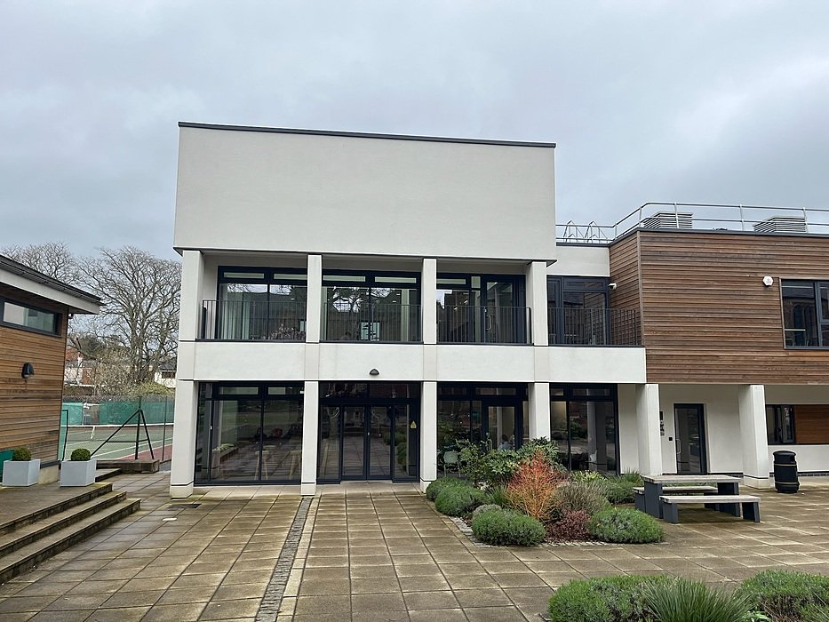 Contemporary school building with clean architecture and entrance area