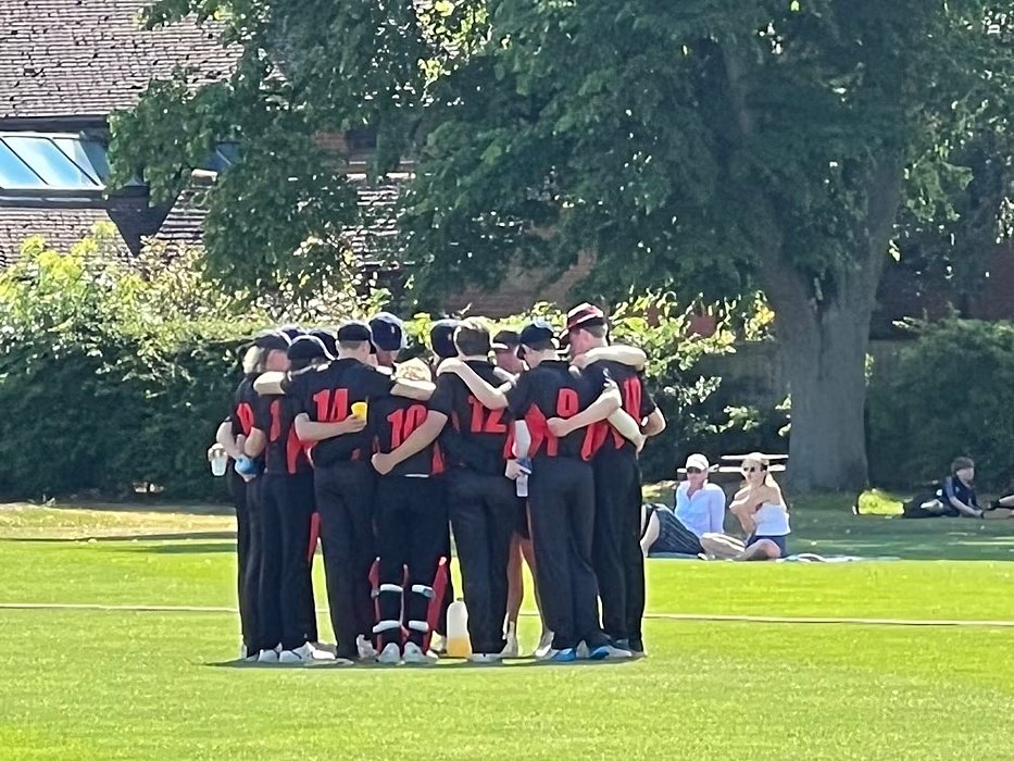 a team of cricket player in black shirts are standing on a green