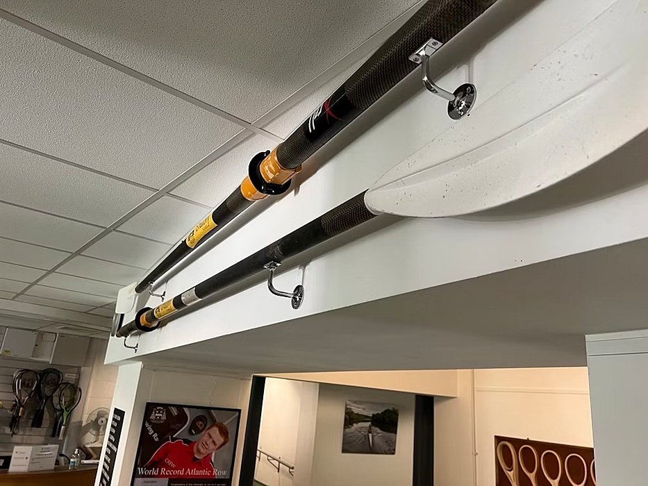 Oars hanging under the ceiling at The Oratory