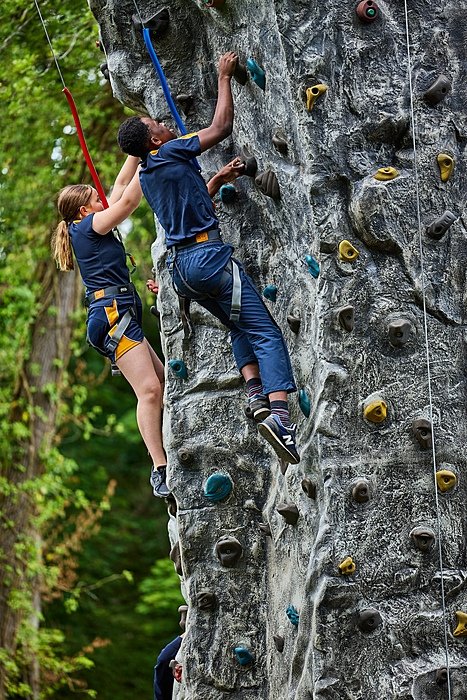 Two Christ's Hospital students on an outdoor climbing wall