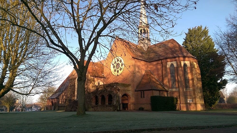 School chapel behind winter trees