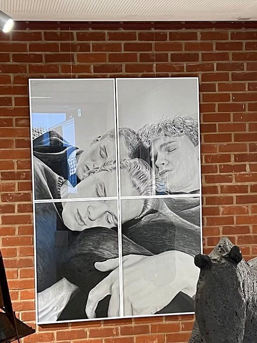Four-part image with three sleeping students in front of a brick wall.