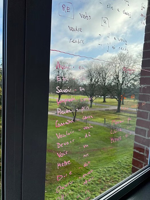 Window with view onto green, french words are written on the glas of the window