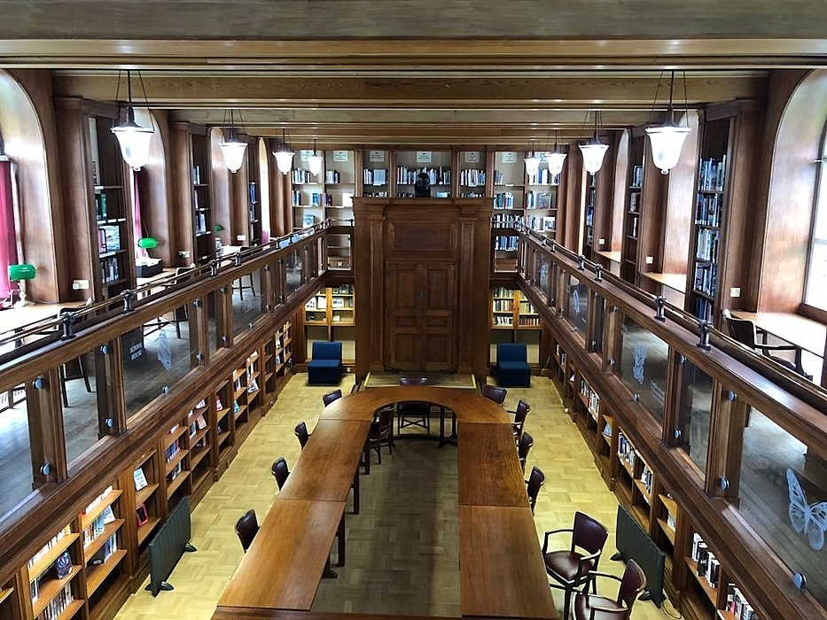 view down from the gallery at the top of Sedbergh School's old wooden library