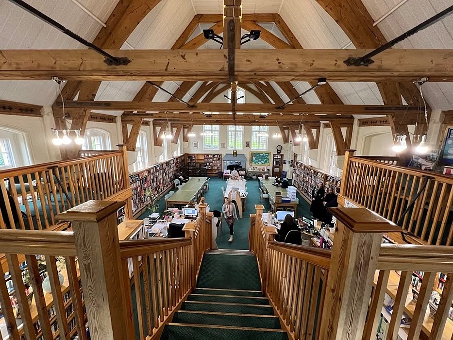 View down from the top balcony inside Sutton Valence School's amazing library