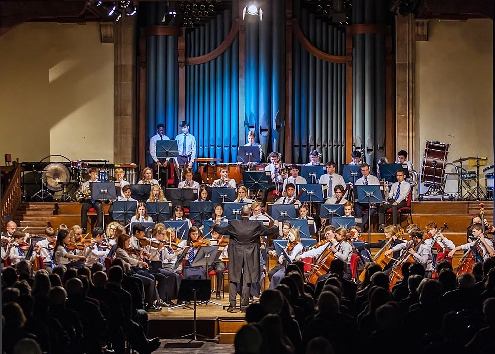 A big symphony orchestra performing a concert in front of a big audience