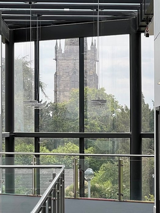 View from the Science Building through big glass windows