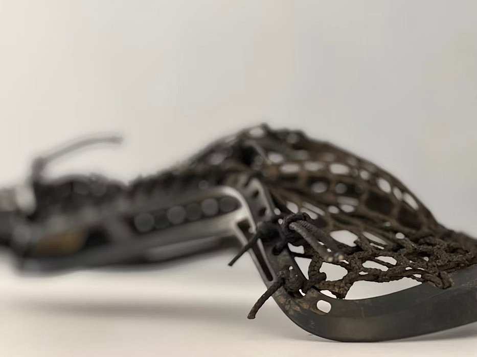 Close-up of a lacrosse stick with black netting and a blurred background.
