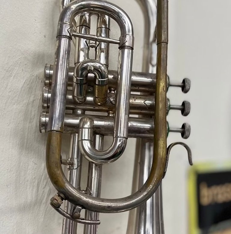 A close-up of a vintage trumpet