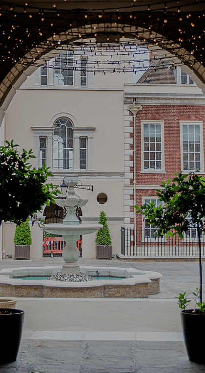 Entrance gate into a courtyard with a fountain and with two potted trees either side