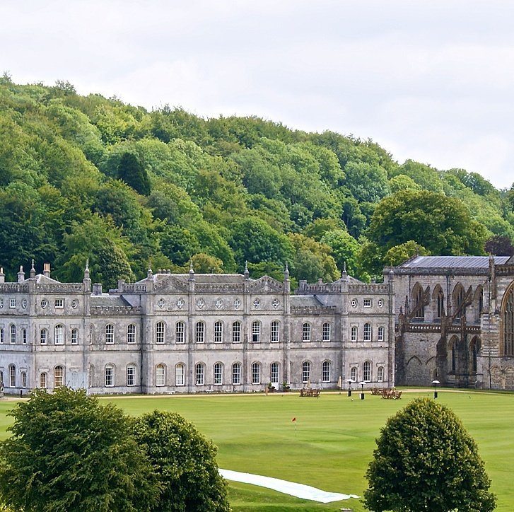 The impressive and extensive old complex of Milton Abbey School with the Abbey