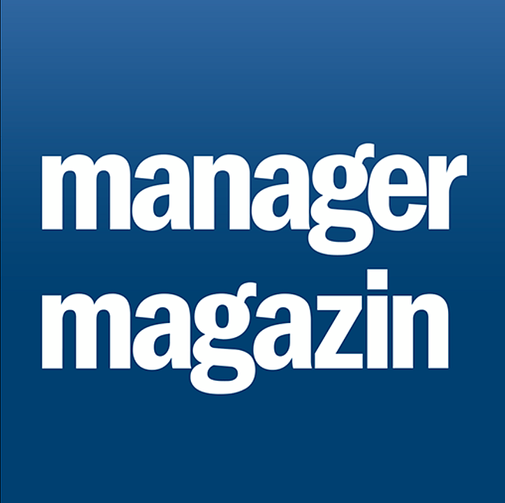 Blue and white “manager magazin” logo on a gradient blue background.