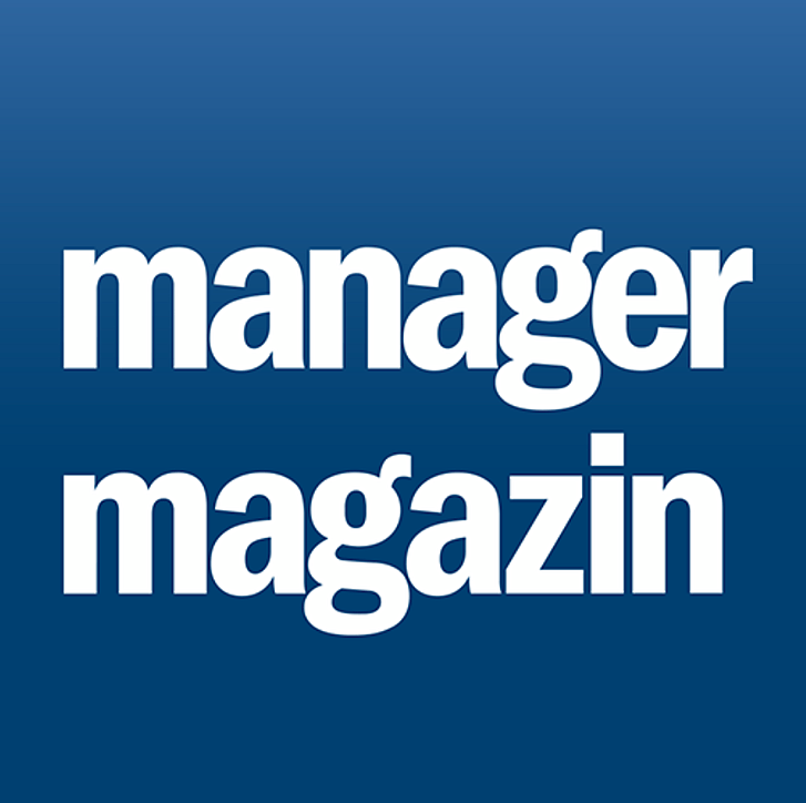 The logo for Manager Magazin, showing the publication name in bold white lowercase letters on a blue gradient background.