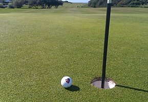 Close-up of a golf ball resting near the hole on a green golf course.