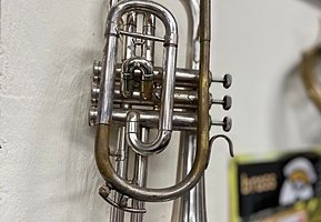 A close-up of a vintage trumpet