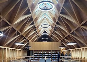 St Edward's library wooden ceiling and with book shelves in background