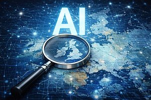 Magnifying glass over digital world map with AI text symbolising artificial intelligence